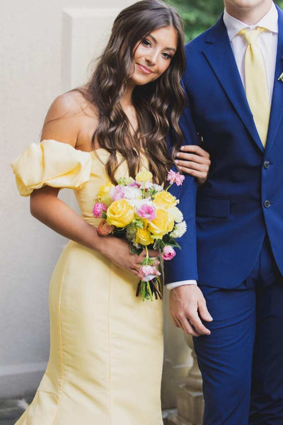 Cute Mermaid Strapless Yellow Satin Prom Dress with Bow AB24122409