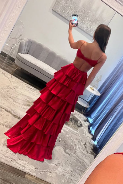 Cute A Line V Neck Red Satin Tiered Long Prom Dress with Slit AB24121808