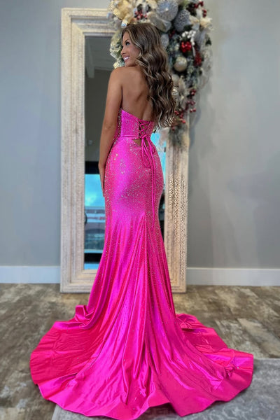 Cute Mermaid Sweetheart Pink Satin Long Slit Prom Dress with Beading AB24123002