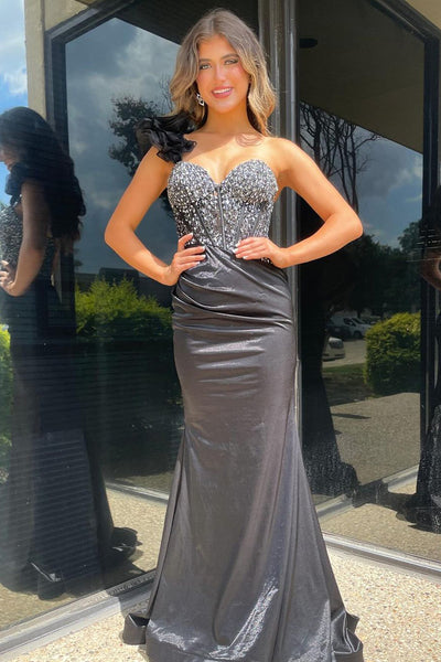 Cute Mermaid Sweetheart Black Satin Evening Prom Dresses with Beading