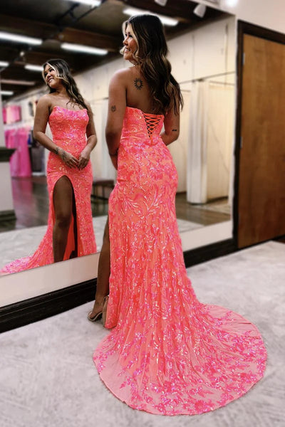 Cute Mermaid Strapless Coral Sequins Lace Long Prom Dresses with Slit AB24112105