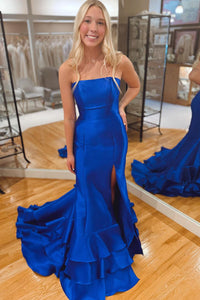 Cute Mermaid Strapless Royal Blue Tiered Satin Long Prom Dresses with Slit AB24112608