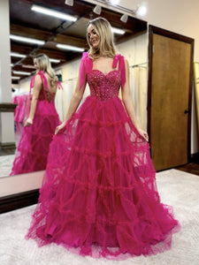 Fairy A Line Sweetheart Fuchsia Tiered Tulle Long Prom Dresses with Appliques AB24102010