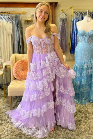 Charming A Line Off the Shoulder Light Purple Tiered Tulle Long Prom Dresses with Slit AB24102519