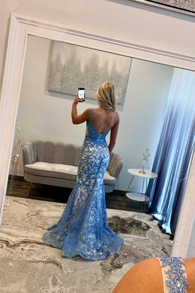 Gorgeous Mermaid Scoop Neck Blue Lace Prom Dress AB24121405