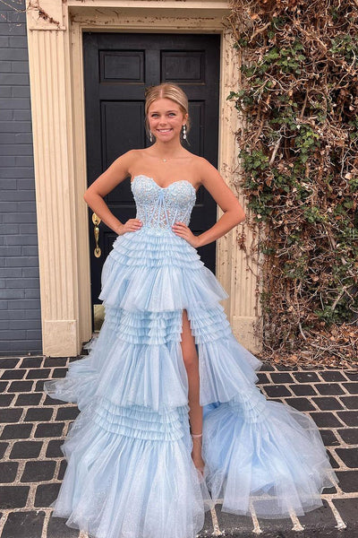 Cute A-Line Strapless Blue Ruffle Tiered Tulle Long Prom Dress AB4051905