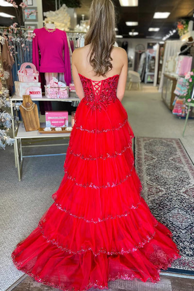 Cute A Line Scoop Neck Red Tulle Tiered Prom Dresses with Beading AB24120308