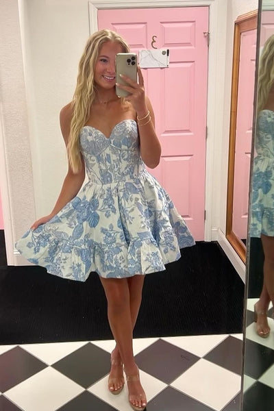 Cute A-Line Sweetheart Blue Jacquard Satin Short Homecoming Dresses AB4053104