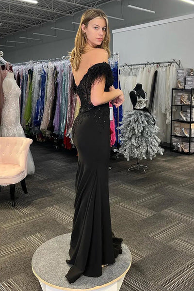 Cute Mermaid Off the Shoulder Black Lace Long Prom Dress with Feather AB24121413