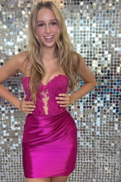 Cute Bodycon Sweetheart Fuchsia Satin Homecoming Dresses with Appliques AB071507