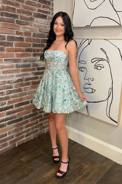 Mint Sequins Strapless A-Line Short Homecoming Dresses with Pockets AB4061801