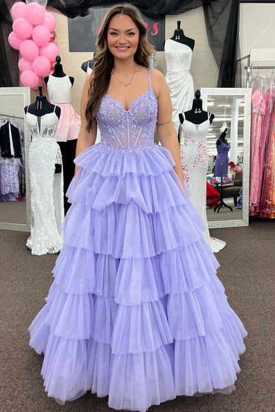 Cute A Line V Neck Lavender Tulle Long Prom Dresses with Appliques AB24101910