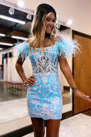 Cute Bodycon Off the Shoulder Blue Sequins Lace Short Homecoming Dresses with Feather AB081403