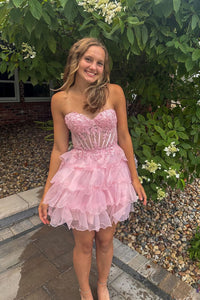 Cute A Line Sweetheart Pink Organza Short Homecoming Dresses with Appliques AB24100708