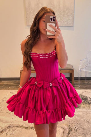 Cute A-Line Scoop Neck Fuchsia Satin Short Homecoming Dresses with Bows AB24081205