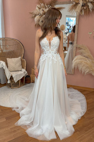 Fairy A Line V Neck Tulle Wedding Dresses AB24102408