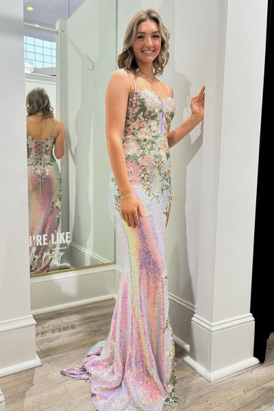 Mermaid Sweetheart Light Pink Sequins Long Prom Dress with Appliques AB4051405