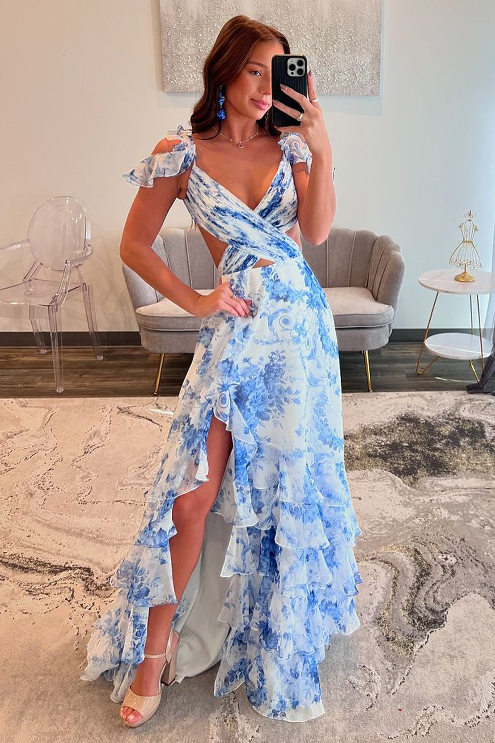 Cute Sheath Straps Floral Printed Chiffon Long Prom Dress with Slit AB24112702