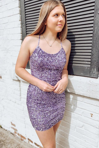 Cute Scoop Neck Lavender Sequins Short Homecoming Dresses with Open Back ABHC061820