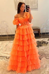 Ball Gown Strapless Orange Tulle Tiered Prom Dresses with Slit AB24122621