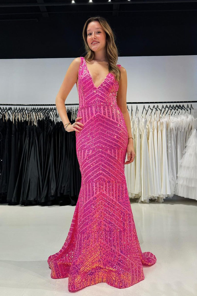 Mermaid V Neck Pink Sequins Long Prom Dresses AB4031003 – Anniebride