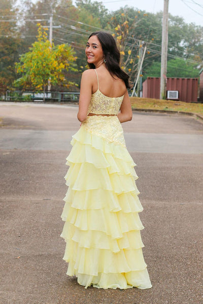 Cute A Line Scoop Neck Daffodial Tiered Chiffon Long Prom Dress with Slit AB24111108