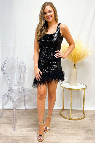 Cute Square Neck Black Sequins Short Homecoming Dresses with Feather ABHC061838