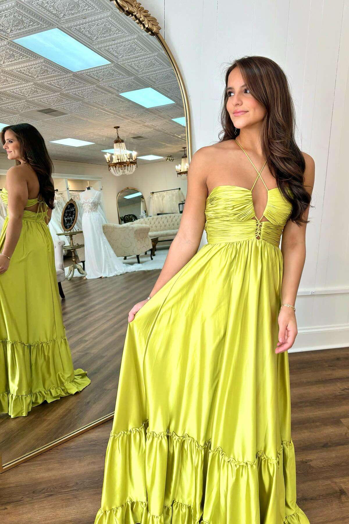 Cute A Line Criss-cross Halter Ruffled Satin Long Prom Dress