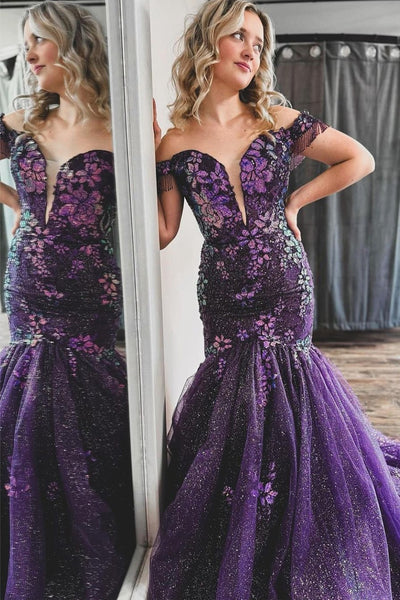 Sparkly Mermaid Off the Shoulder Purple Sequins Lace Long Prom Dress AB121103