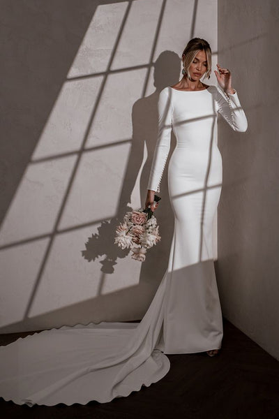 Elegant Mermaid Boat Neck Open Back Long Wedding Dresses with Beading AB24101004