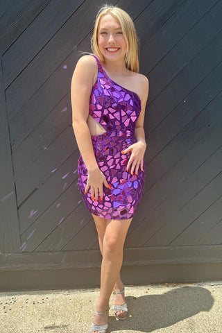 Cute Bodycon One Shoulder Purple Short Homecoming Dresses with Beading AB071902