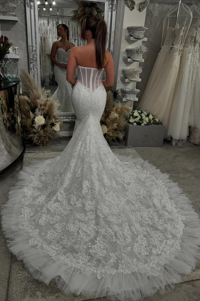 Elegant Mermaid Sweetheart White Lace Bridal Dresses with Appliques AB24112201