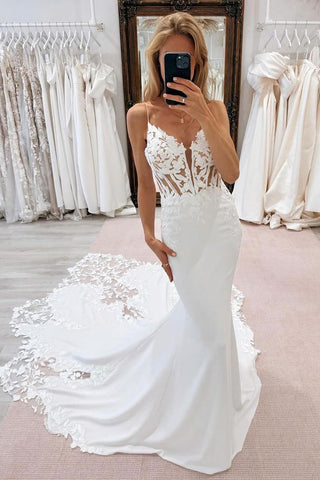 Bohemian Mermaid V Neck Satin Wedding Dresses with Appliques AB24072401