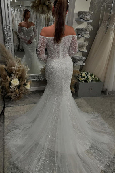 Gorgeous Mermaid Off the Shoulder Glitter Sequins Lace Bridal Dresses with Sleeves