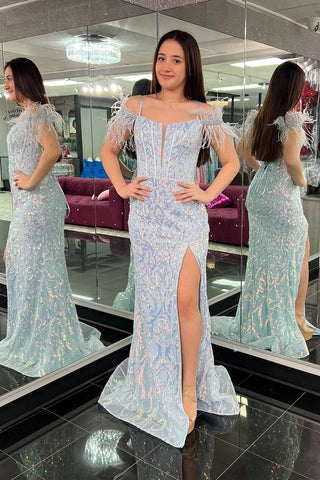 Mermaid Cold Shoulder Blue Sequins Long Prom Dress with Slit AB4051001