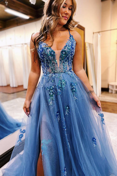 Fairy A Line V Neck Dusty Blue Tulle Long Prom Dress with Beading AB24110810