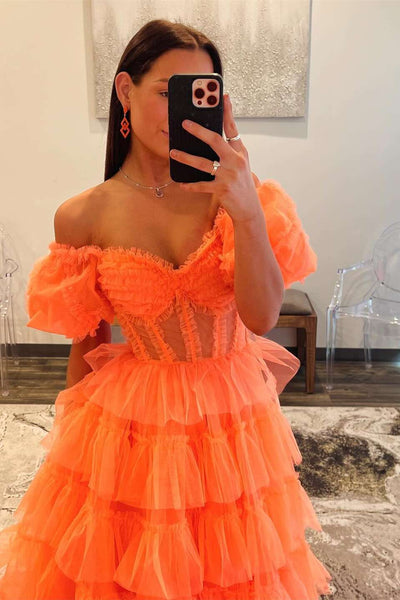 Ball Gown Strapless Orange Tulle Tiered Prom Dresses with Slit AB24122621