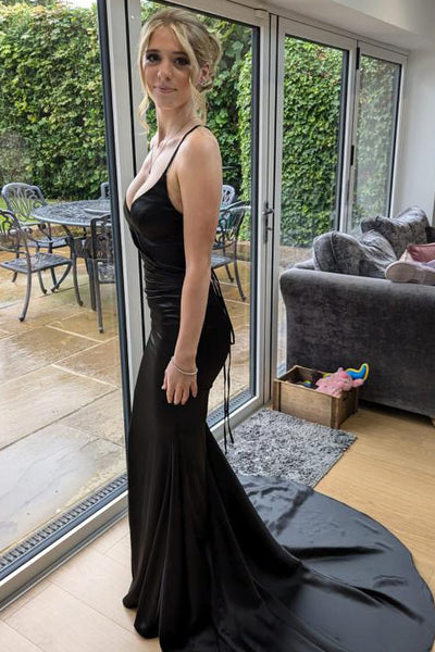 Charming Mermaid V Neck Black Satin Long Prom Dresses AB24071301