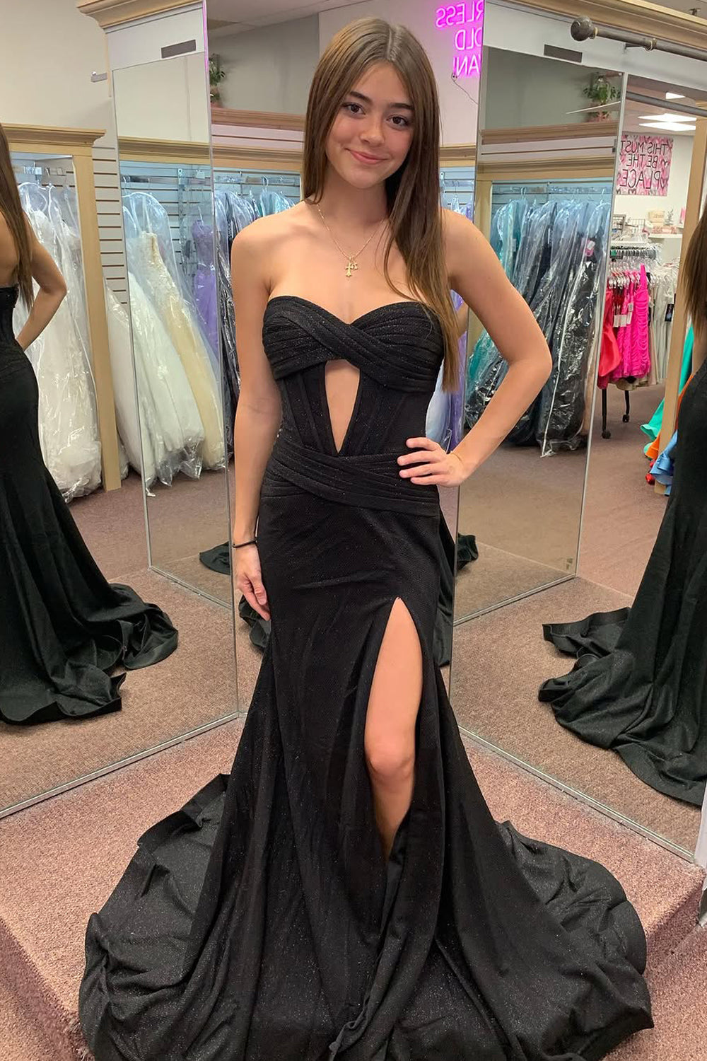 Cute Mermaid Sweetheart Keyhole Black Satin Slit Prom Dresses AB24121706