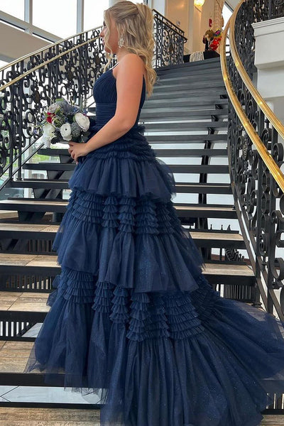 Dazzling A Line V Neck Ruffle Tiered Tulle Prom Dress with Slit AB4050705