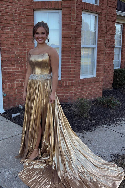 Charming A Line Scoop Neck Gold Satin Long Prom Dresses with Beading AB24101307