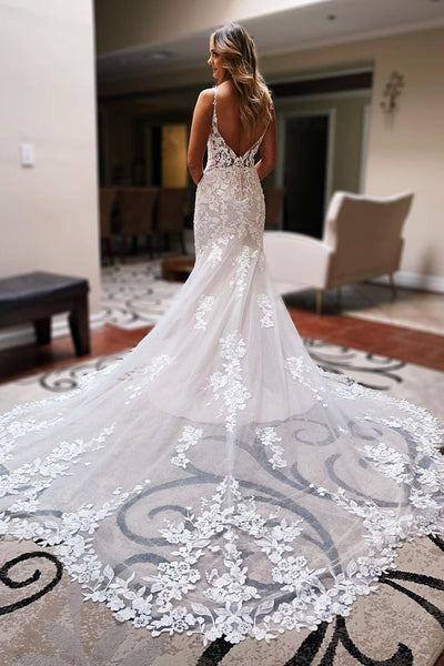 Elegant Mermaid V Neck Lace Long Wedding Dresses with Appliques AB24101006