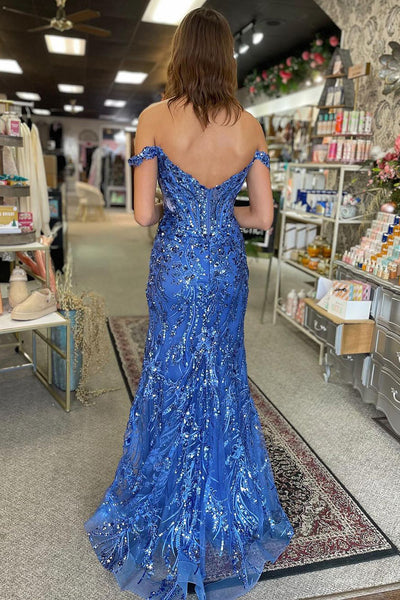 Cute Mermaid Off the Shoulder Blue Sequins Lace Long Prom Dresses with Slit