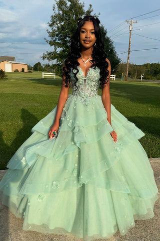 Cute Ball Gown Sweetheart Sage Green Tulle Long Prom Dresses with Appliques AB24100910