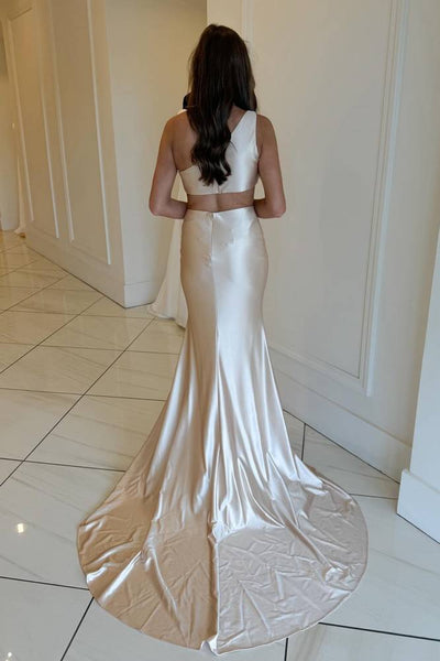 Charming Champagne One-Shoulder Mermaid Silk Satin Prom Dress Evening Dresses