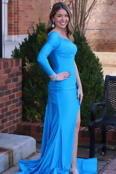 Charming Mermaid Blue One-Sleeve Long Sleeves Prom Dresses with Slit