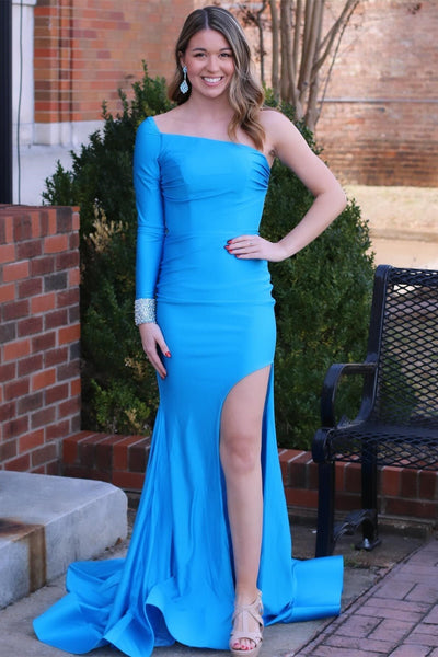 Charming Mermaid Blue One-Sleeve Long Sleeves Prom Dresses with Slit