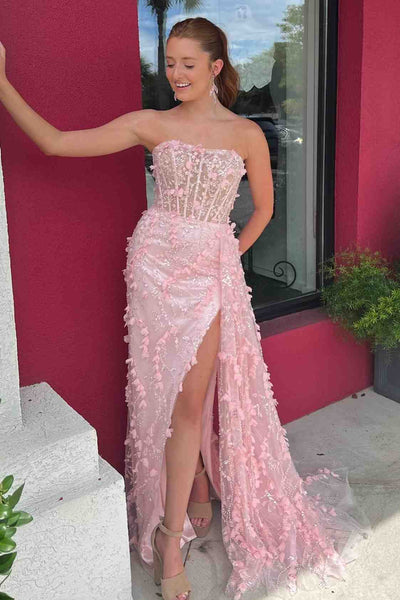 Cute Sheath Pink Strapless 3D Floral Lace Prom Dress