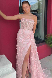 Cute Sheath Pink Strapless 3D Floral Lace Prom Dress