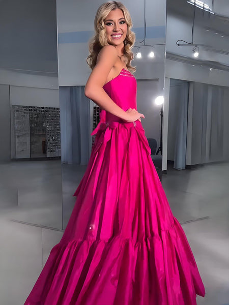 Cute Ball Gown Scoop Neck Taffeta Pink Long Prom Dresses with Bow